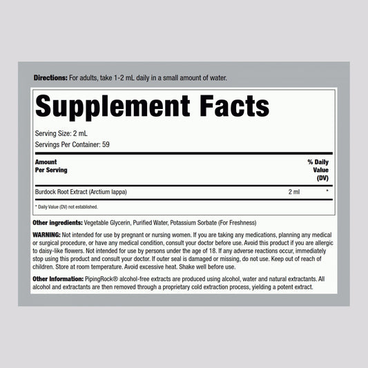 Back of Burdock Root Tincture bottle showing label details