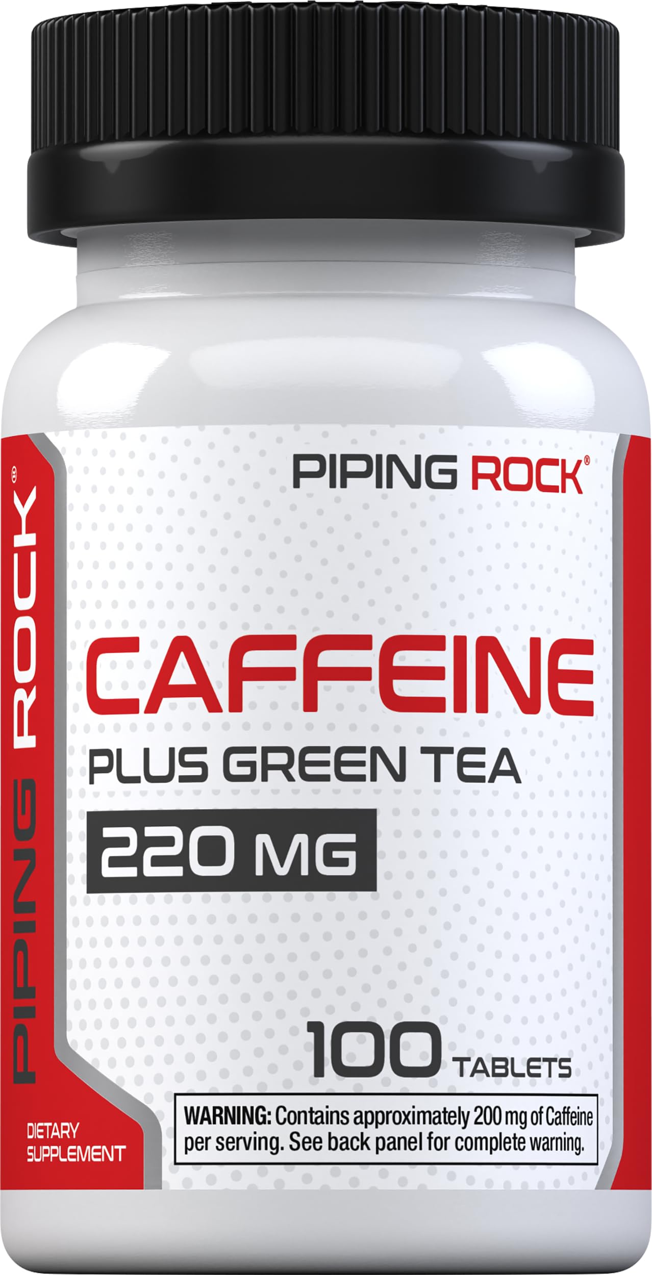 Piping Rock front packaging showing 200 mg caffeine and 100 tablets benefit portability