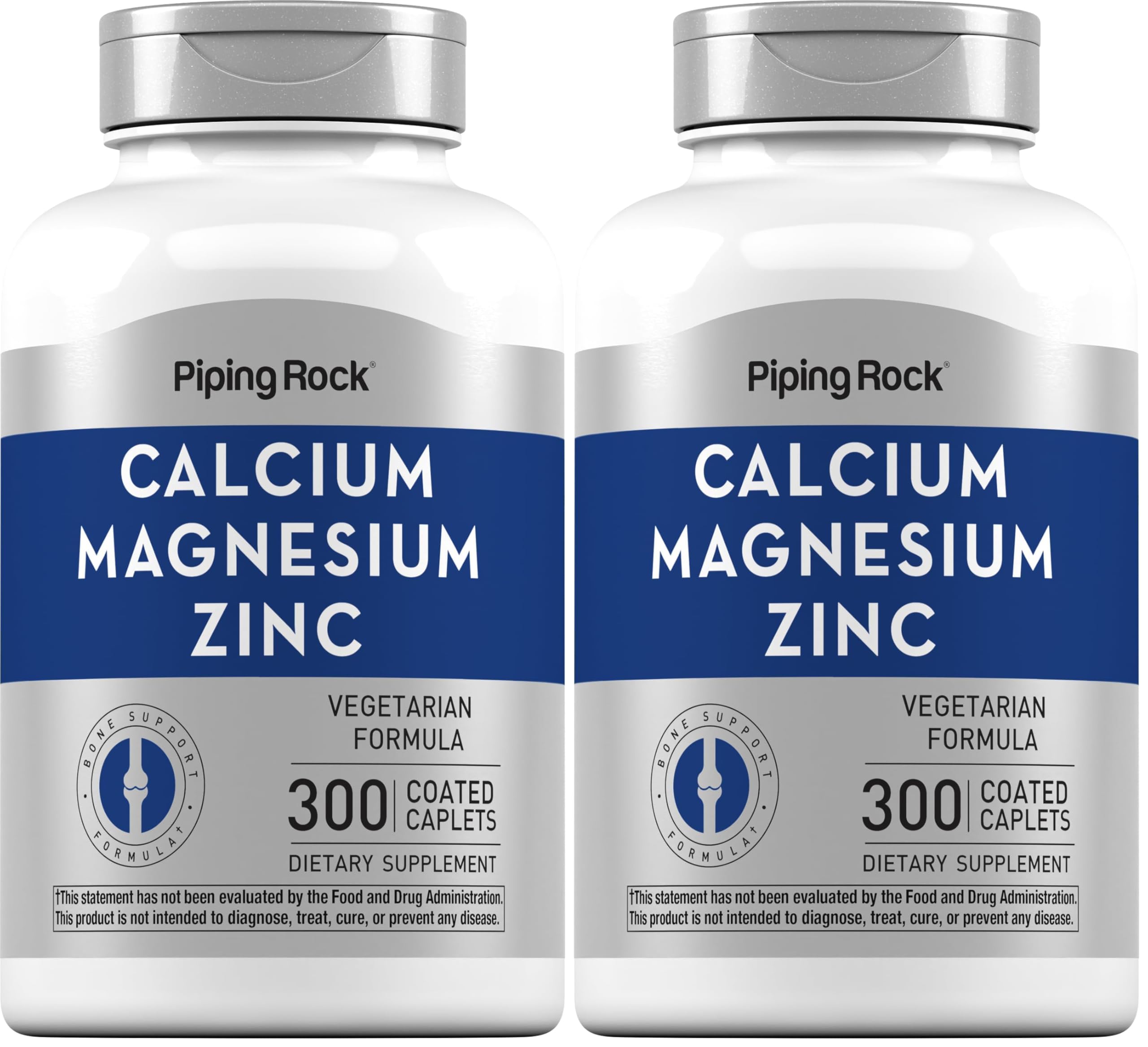 Bottle of Piping Rock Calcium Magnesium Zinc with 300 coated caplets