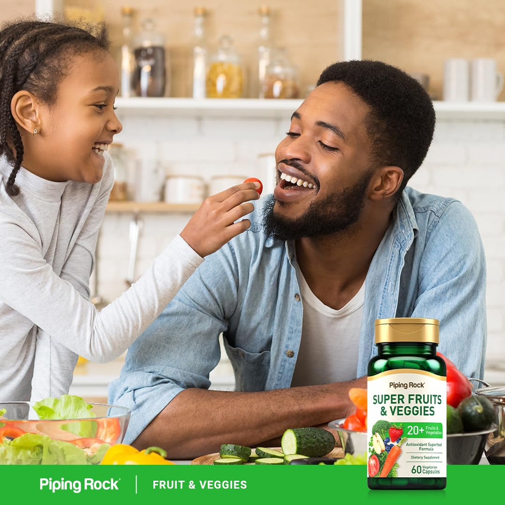 Piping Rock capsules beside fresh fruits and vegetables illustrating diet support