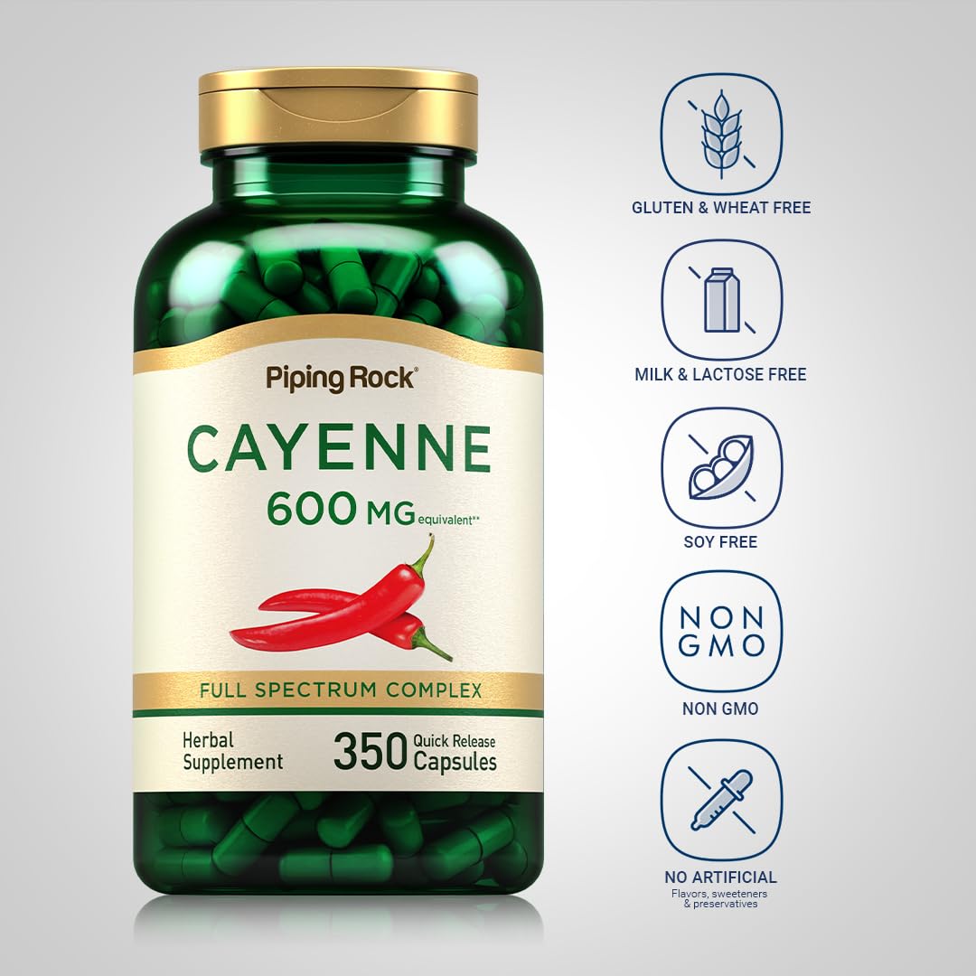 Close-up of bottle showcasing Cayenne Pepper Capsules branding