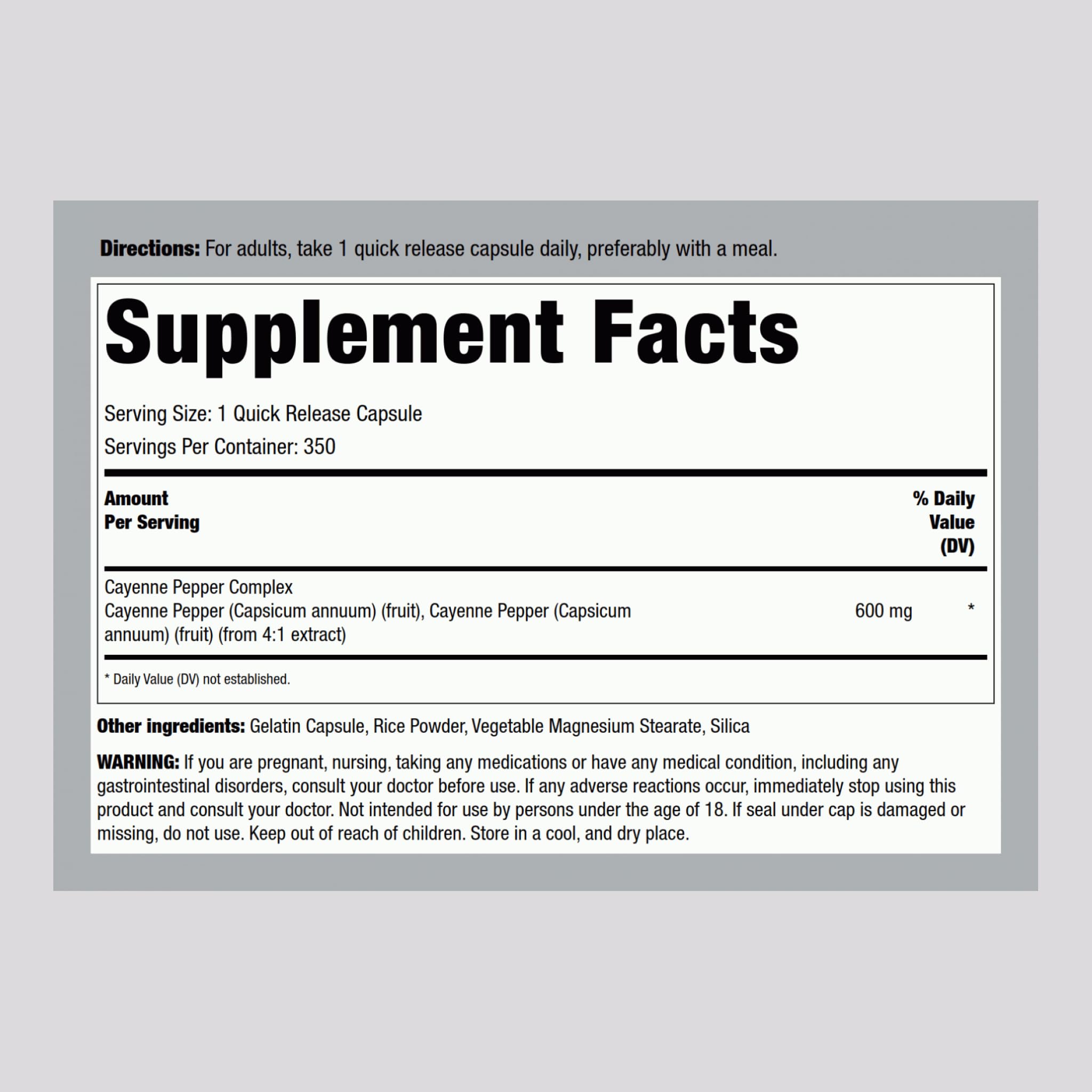 Label on Piping Rock Cayenne Pepper Capsules bottle