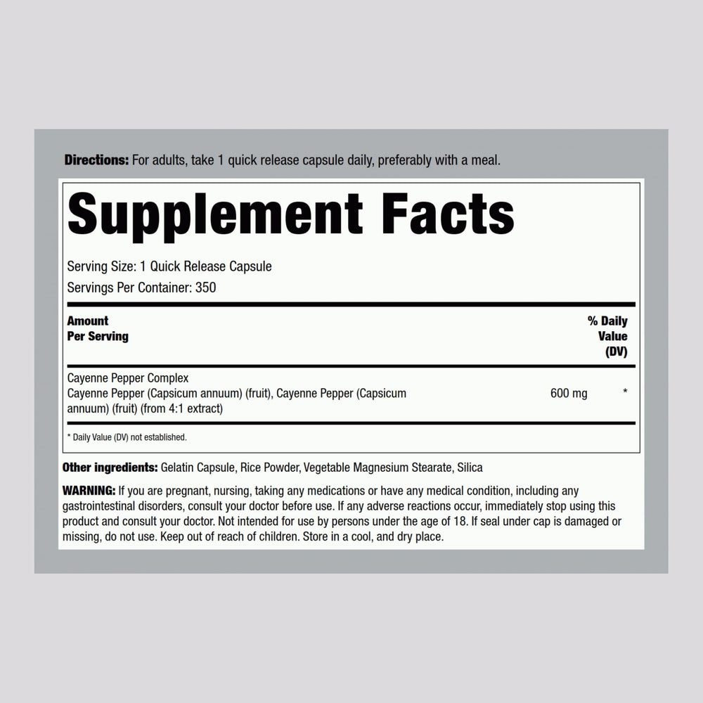 Label on Piping Rock Cayenne Pepper Capsules bottle