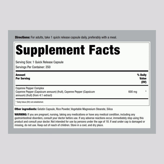 Label on Piping Rock Cayenne Pepper Capsules bottle
