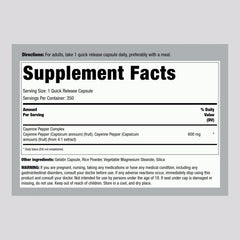 Label on Piping Rock Cayenne Pepper Capsules bottle