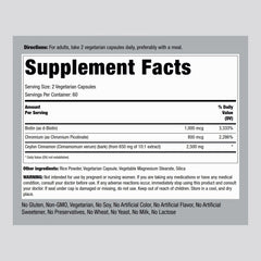Back label of Piping Rock Ceylon Cinnamon Capsules 2500 mg 120 count