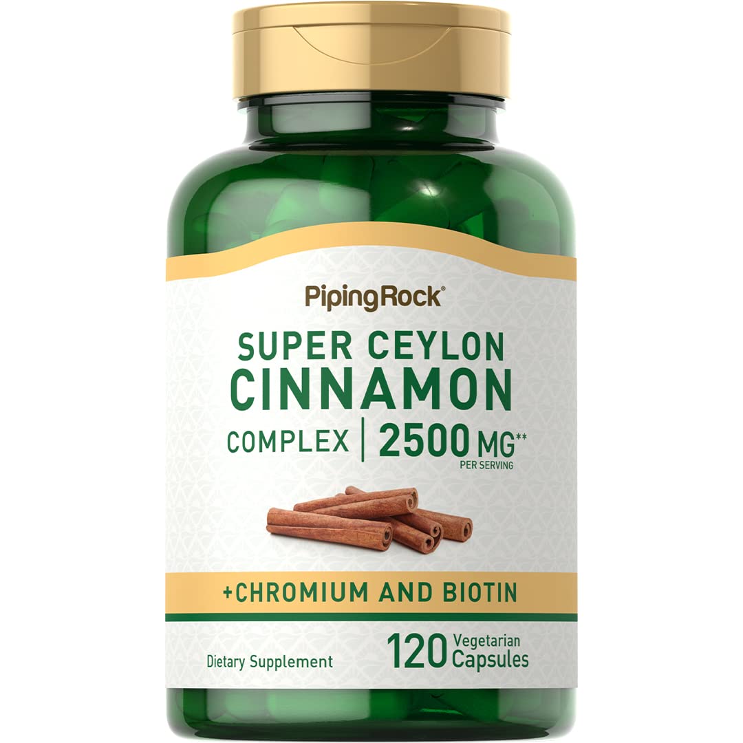 Front view of Piping Rock Ceylon Cinnamon Capsules bottle with 120-count label