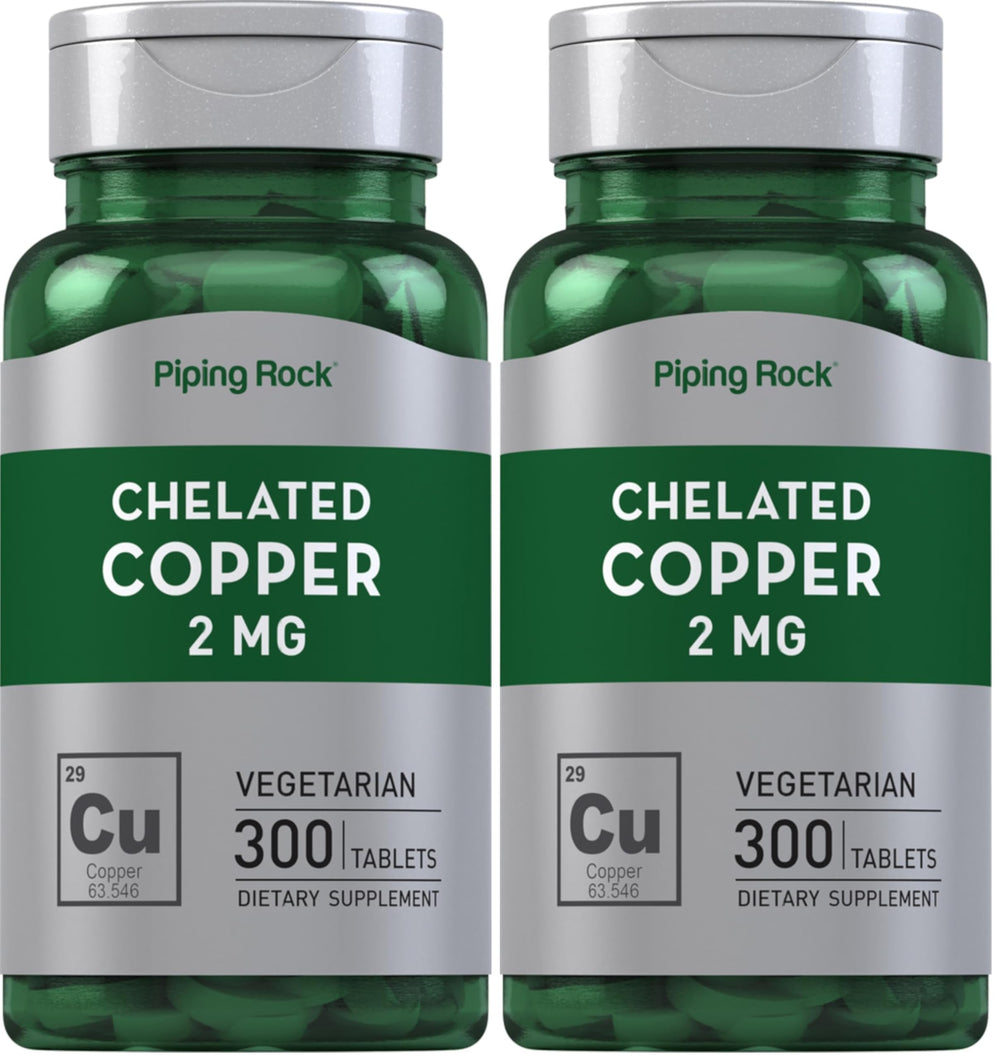 Bottle of Piping Rock Chelated Copper 2 mg, 300 tablets, pack of 2