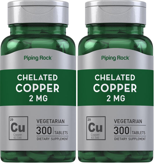 Bottle of Piping Rock Chelated Copper 2 mg, 300 tablets, pack of 2