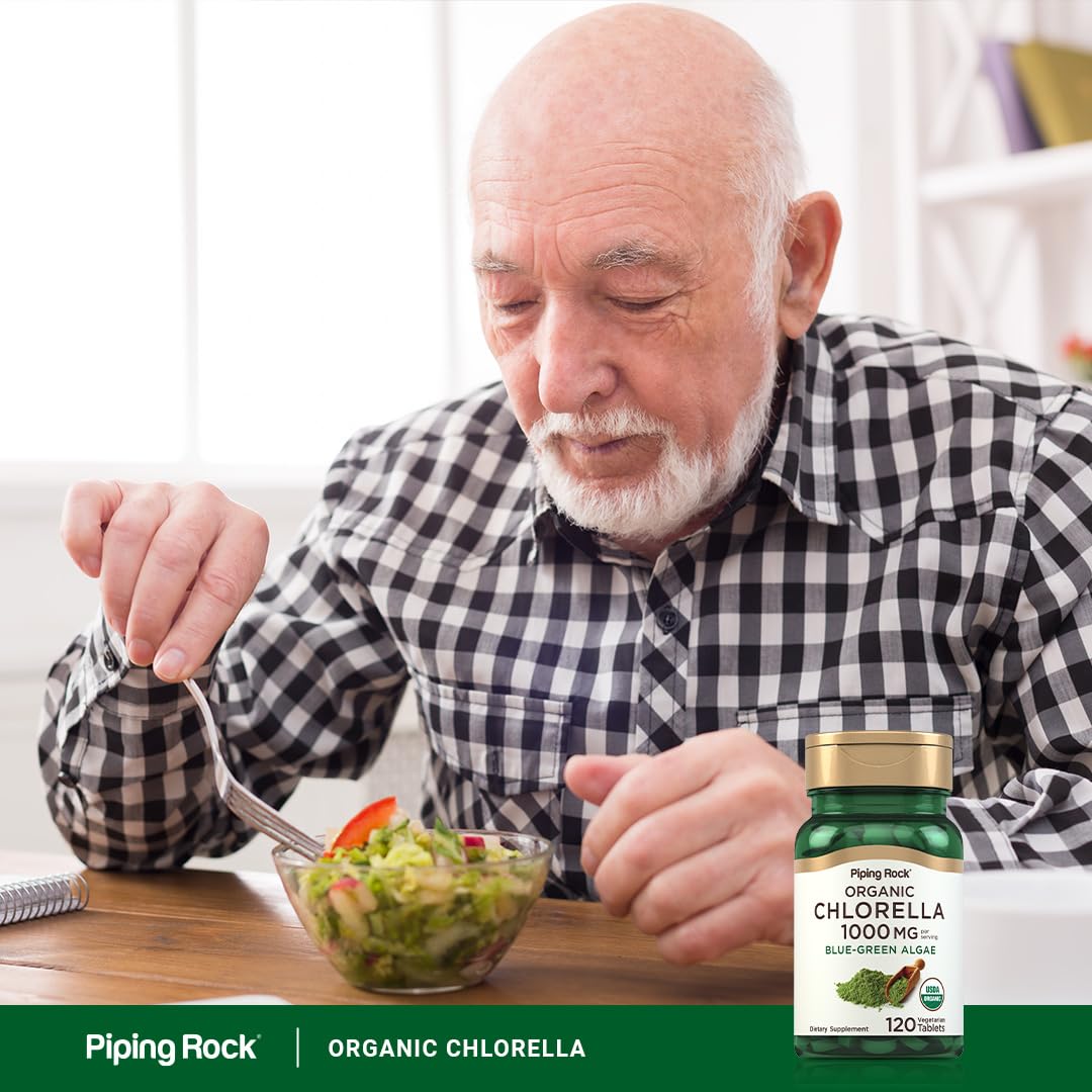 Piping Rock chlorella bottle on a kitchen counter with morning routine benefit