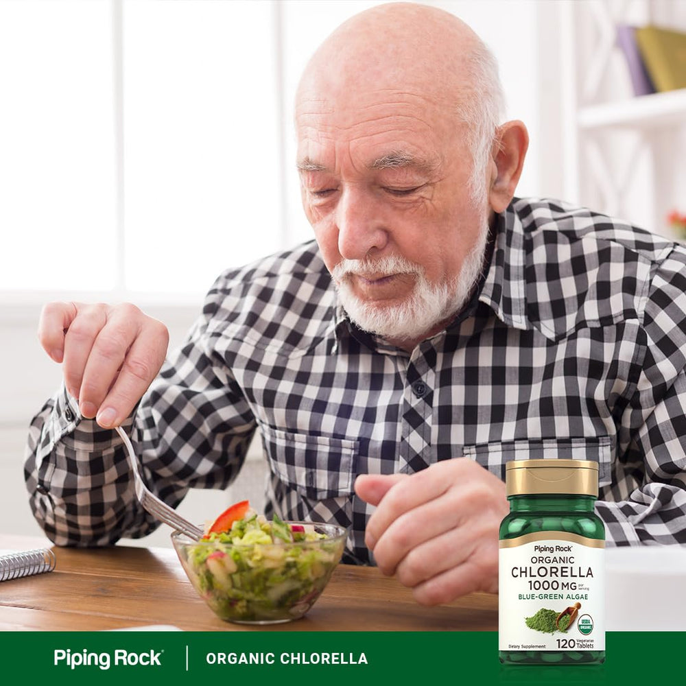 Piping Rock chlorella bottle on a kitchen counter with morning routine benefit
