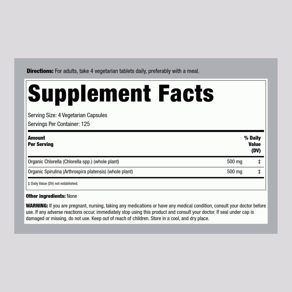 Piping Rock Chlorella Spirulina Organic 500 Tablets bottle left view