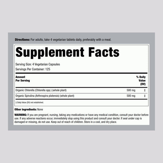 Piping Rock Chlorella Spirulina Organic 500 Tablets bottle left view