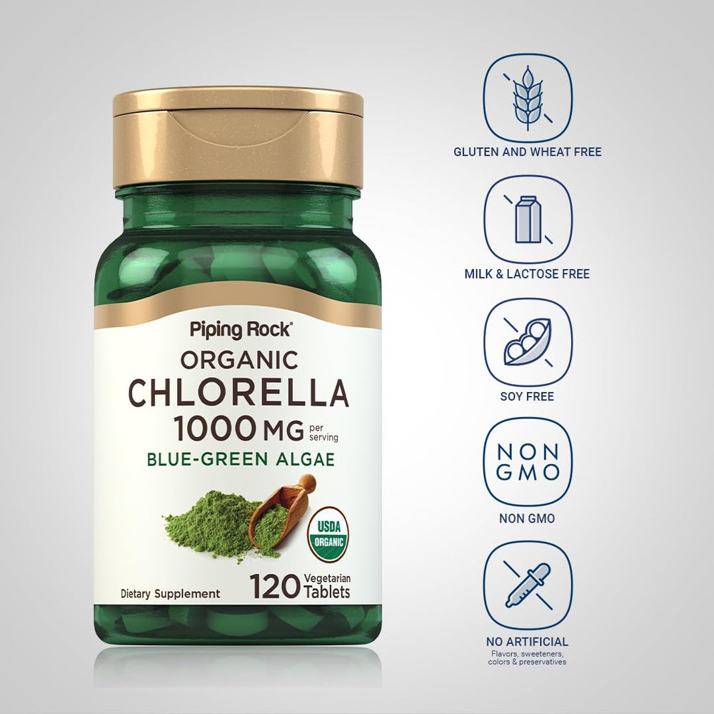 Piping Rock scattered chlorella tablets illustrating count and uniformity benefit