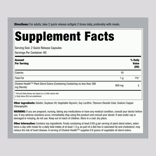 Close-up of label highlighting 800 mg Plant Sterol Esters per serving