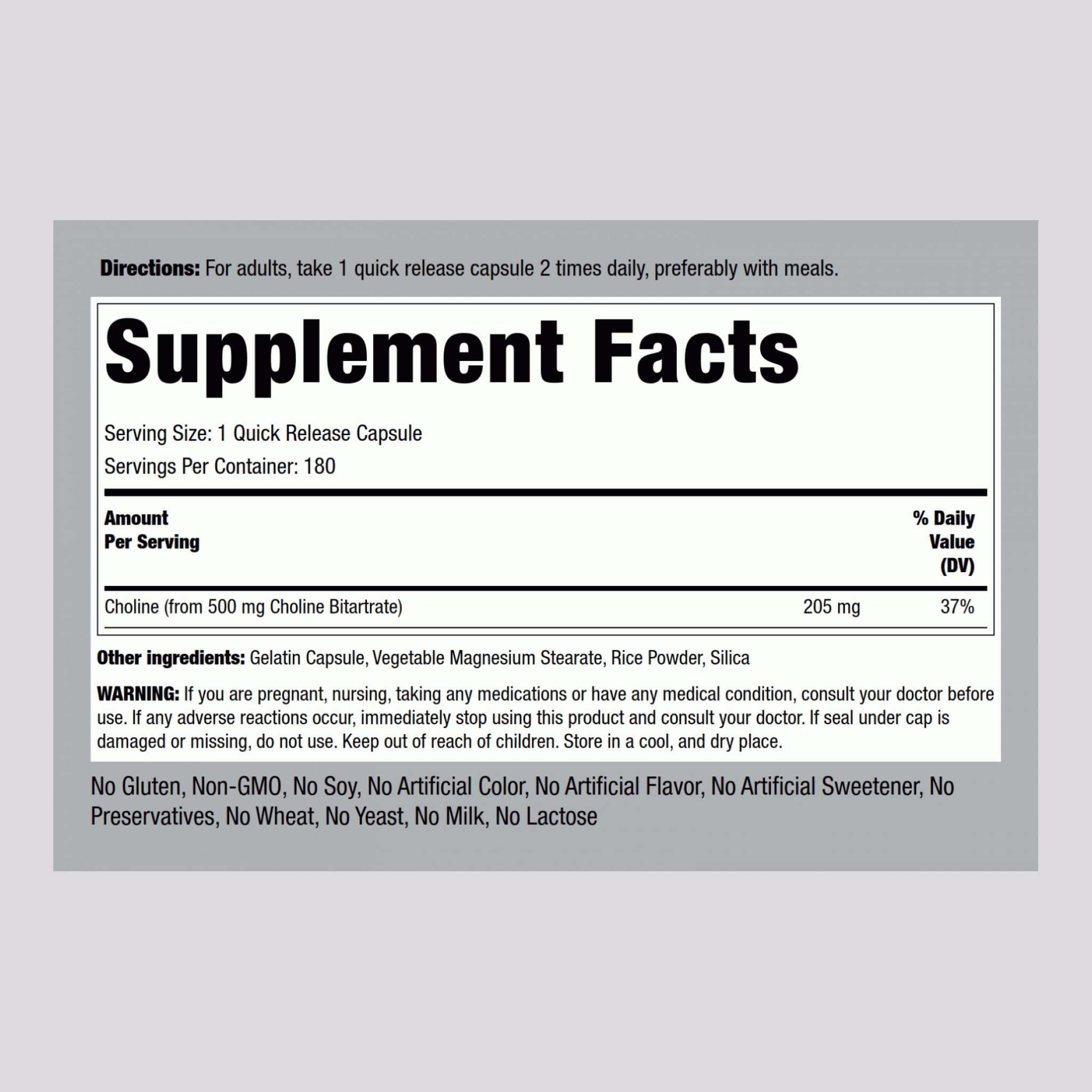 Choline Bitartrate 500mg capsules inside bottle