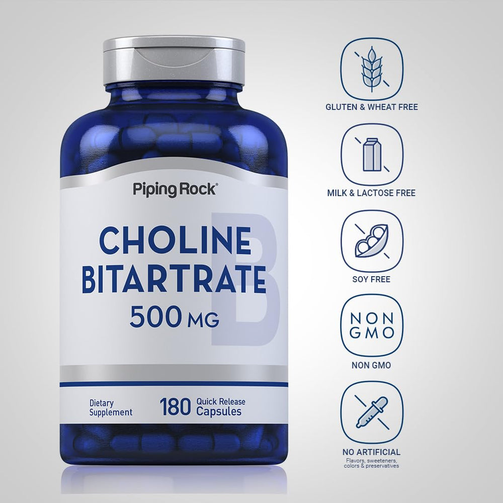 Two bottles of Piping Rock Choline Bitartrate 500mg (pack of 2)