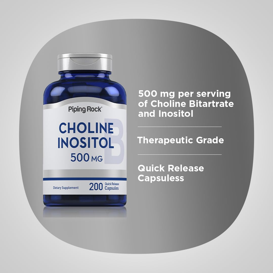 Close-up of 500mg Choline Bitartrate and Inositol capsules