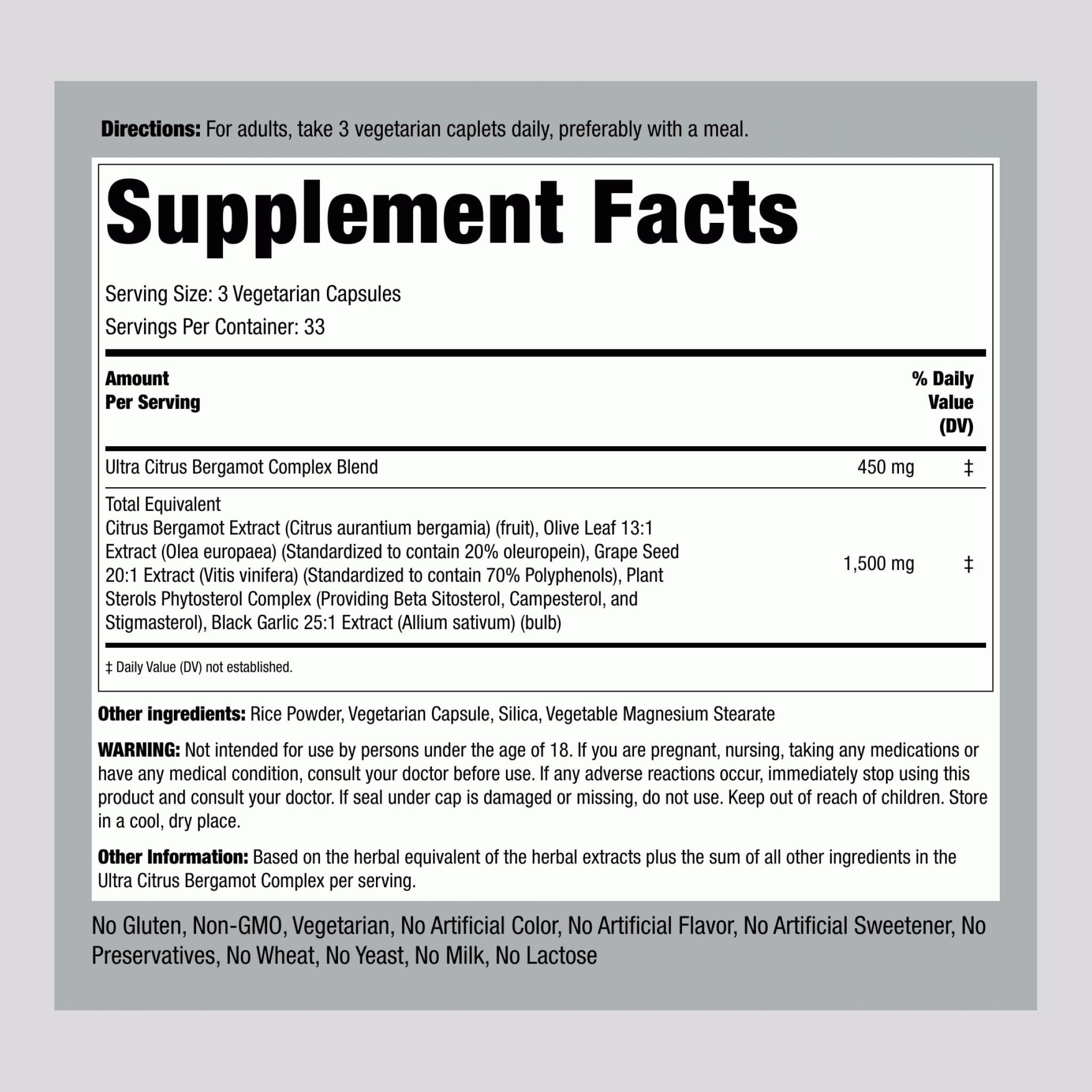 Close-up of Citrus Bergamot Extract label