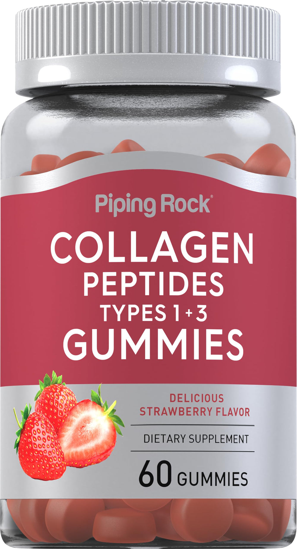 Piping Rock front packaging showing 60-count collagen gummies and strawberry flavor benefits