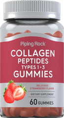 Piping Rock front packaging showing 60-count collagen gummies and strawberry flavor benefits