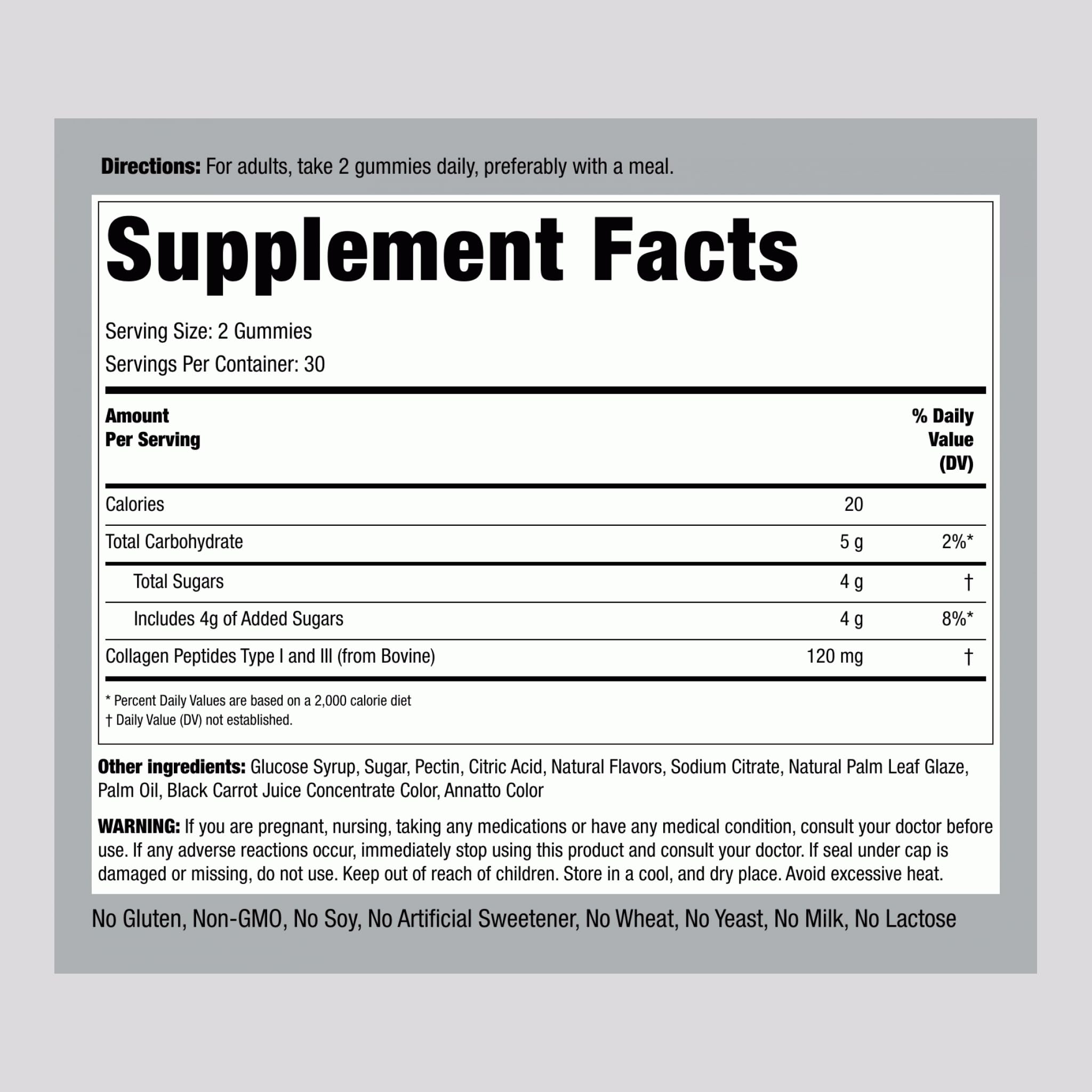 Piping Rock Collagen Gummies product label showing Type I & III collagen