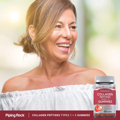 Piping Rock collagen gummies on a kitchen counter illustrating convenient daily routine