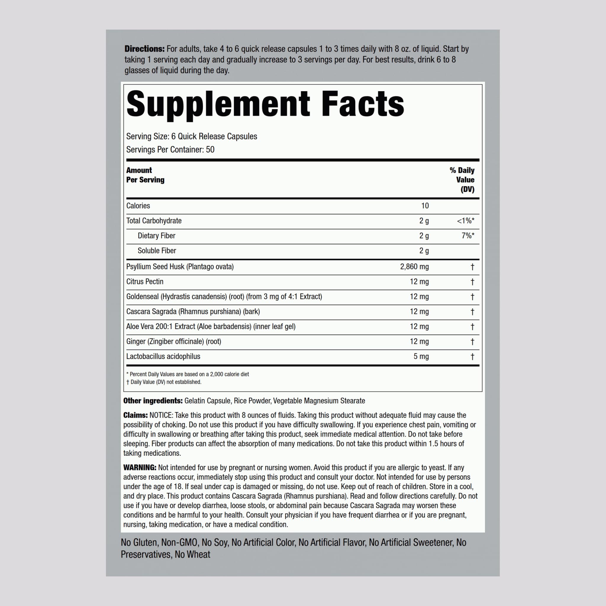 Back view of Piping Rock Colon Cleanse Pills bottle with supplement facts