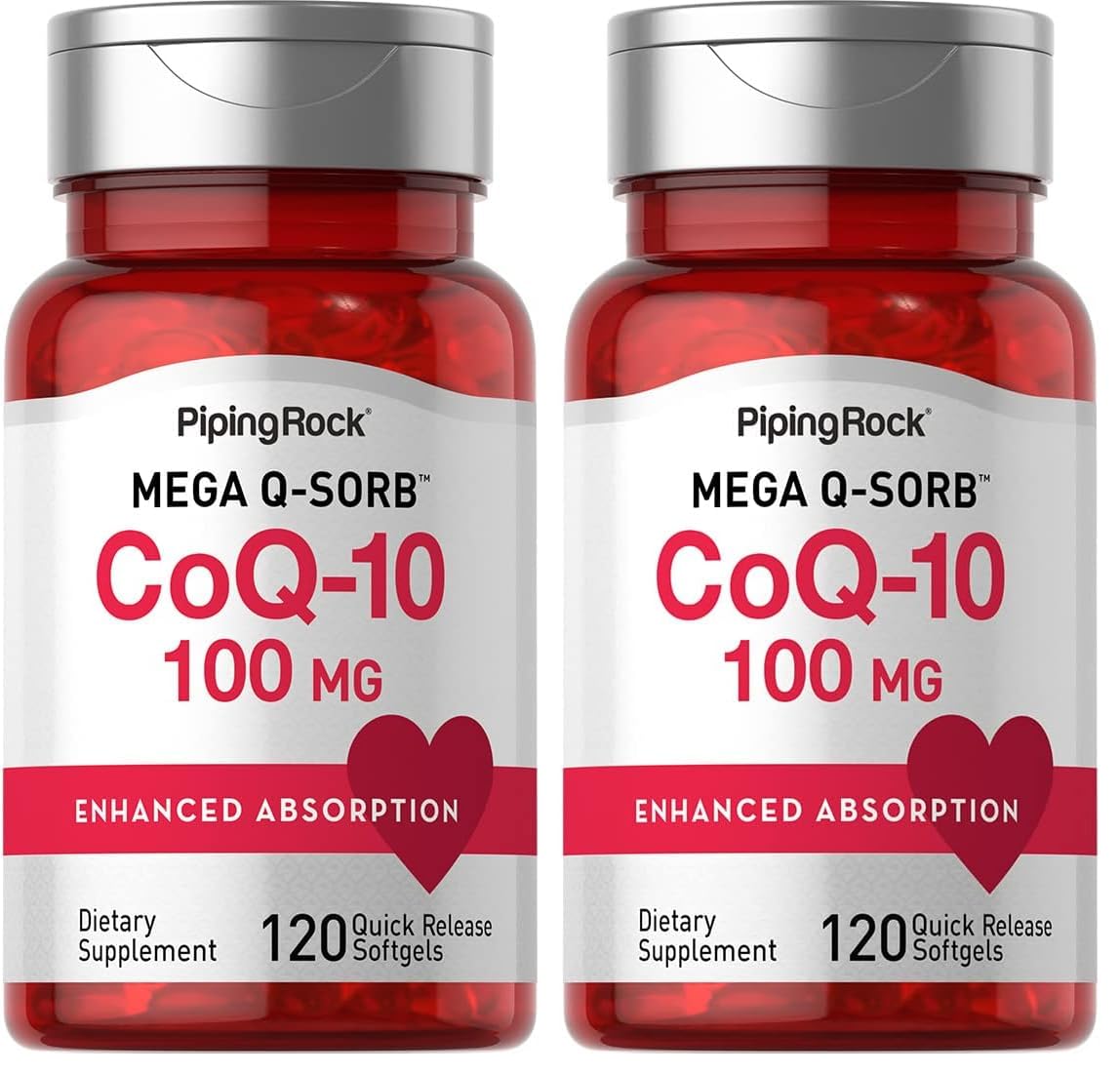 Front view of Piping Rock CoQ10 100mg bottle with 120 softgels (Pack of 2)