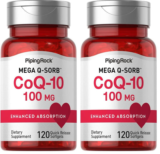 Front view of Piping Rock CoQ10 100mg bottle with 120 softgels (Pack of 2)