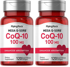Front view of Piping Rock CoQ10 100mg bottle with 120 softgels (Pack of 2)