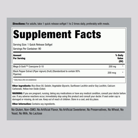 Close-up of 200mg CoQ10 softgels in bottle