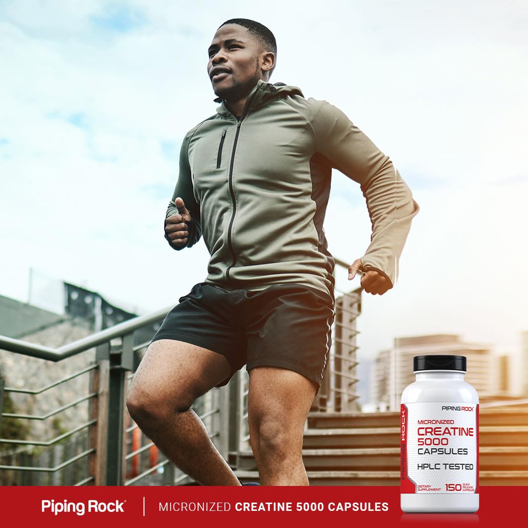 Piping Rock capsules beside gym gear illustrating convenient use before workouts