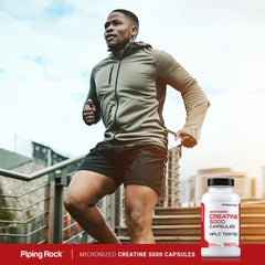 Piping Rock capsules beside gym gear illustrating convenient use before workouts