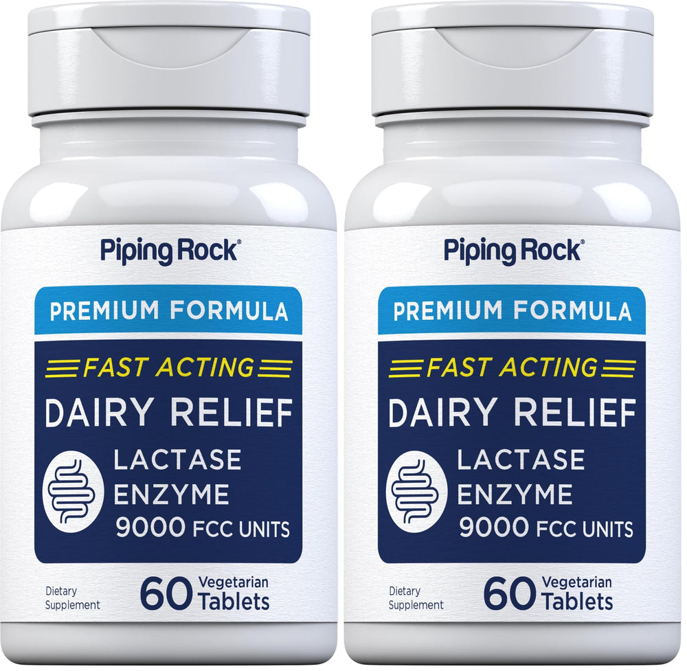 Piping Rock Dairy Relief Pills bottle with 9000 FCC label