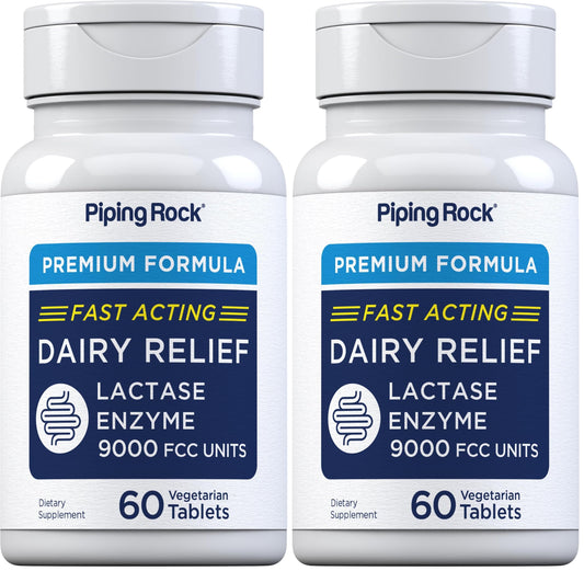 Piping Rock Dairy Relief Pills bottle with 9000 FCC label