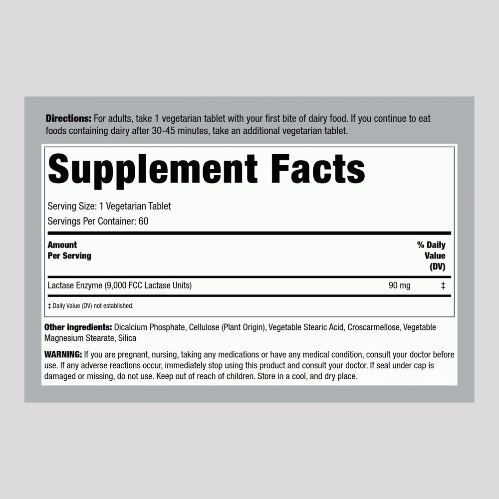Close-up of Lactase Enzyme Tablets showing 9000 FCC