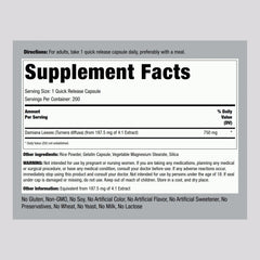 Damiana Leaf Capsules close-up showing 750 mg per capsule