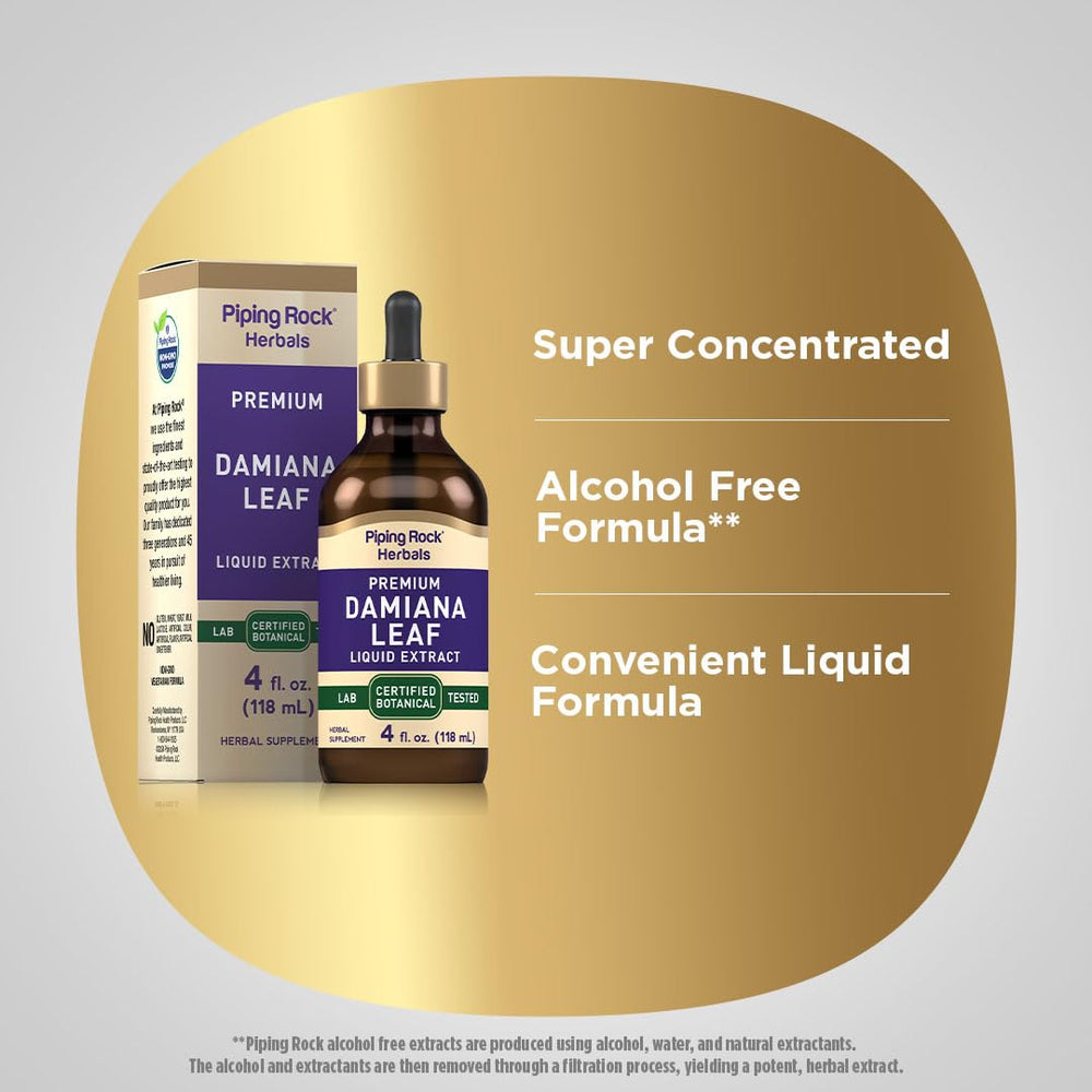 Piping Rock damiana tincture label detail showing purity and testing claims