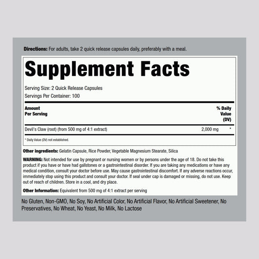 Piping Rock Devils Claw 2000mg bottle – back label
