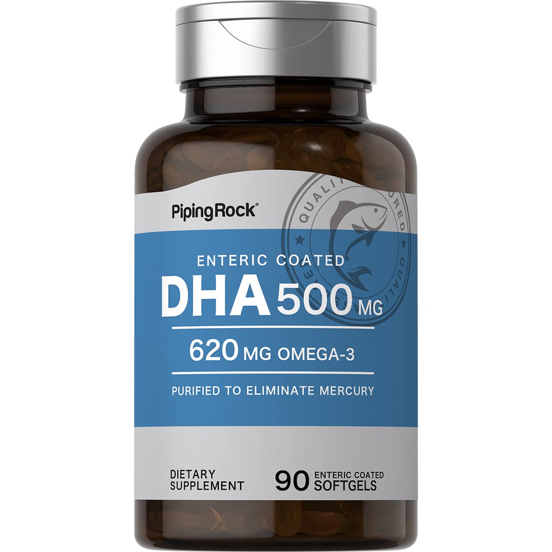 Piping Rock bottle front packaging highlighting DHA and omega-3 benefits