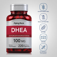 Piping Rock open bottle revealing 220 DHEA capsules to show long lasting supply benefit