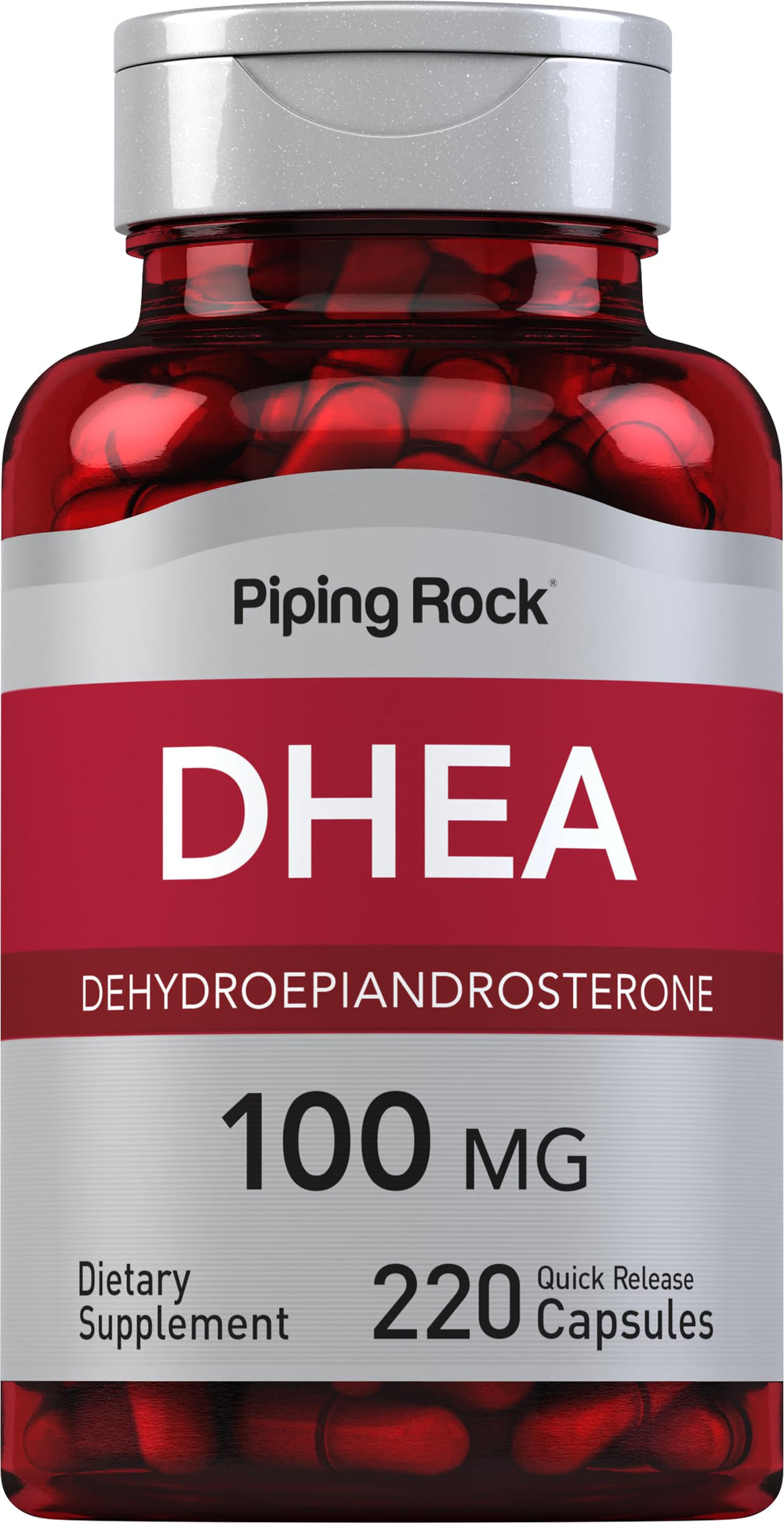 Piping Rock front label of DHEA 100 mg bottle showing product name and capsule count