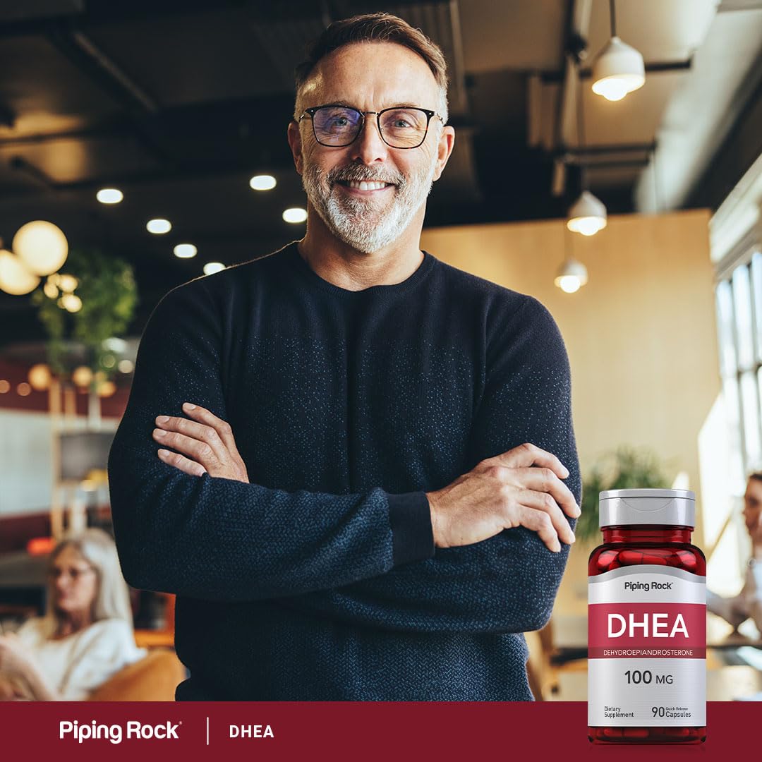 Morning routine scene with Piping Rock DHEA and vitamins supporting consistent use