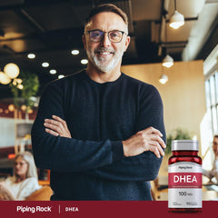 Morning routine scene with Piping Rock DHEA and vitamins supporting consistent use