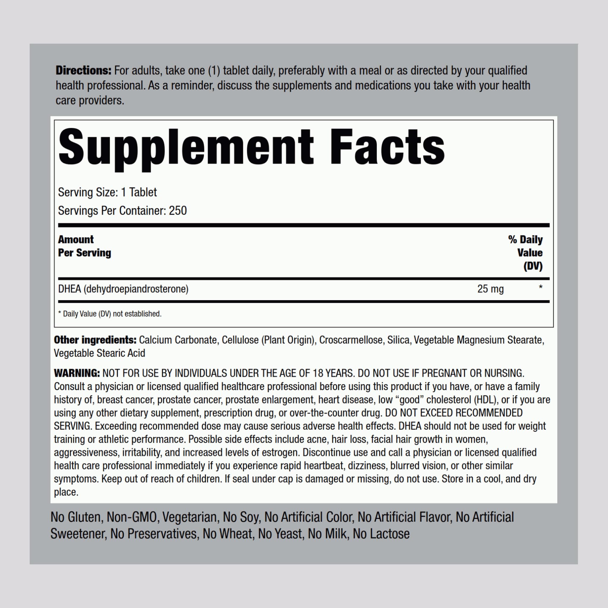 Piping Rock close-up of a single DHEA tablet, easy-to-swallow vegetarian tablet