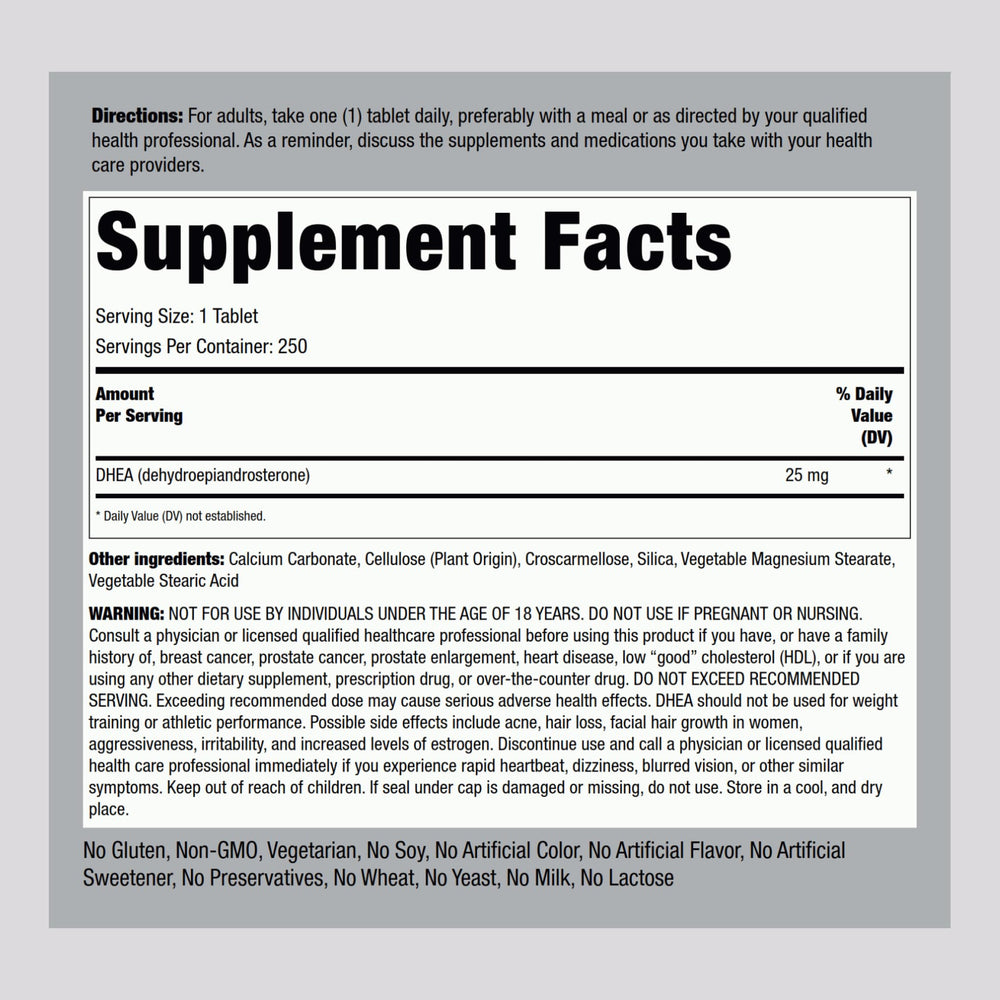 Piping Rock close-up of a single DHEA tablet, easy-to-swallow vegetarian tablet