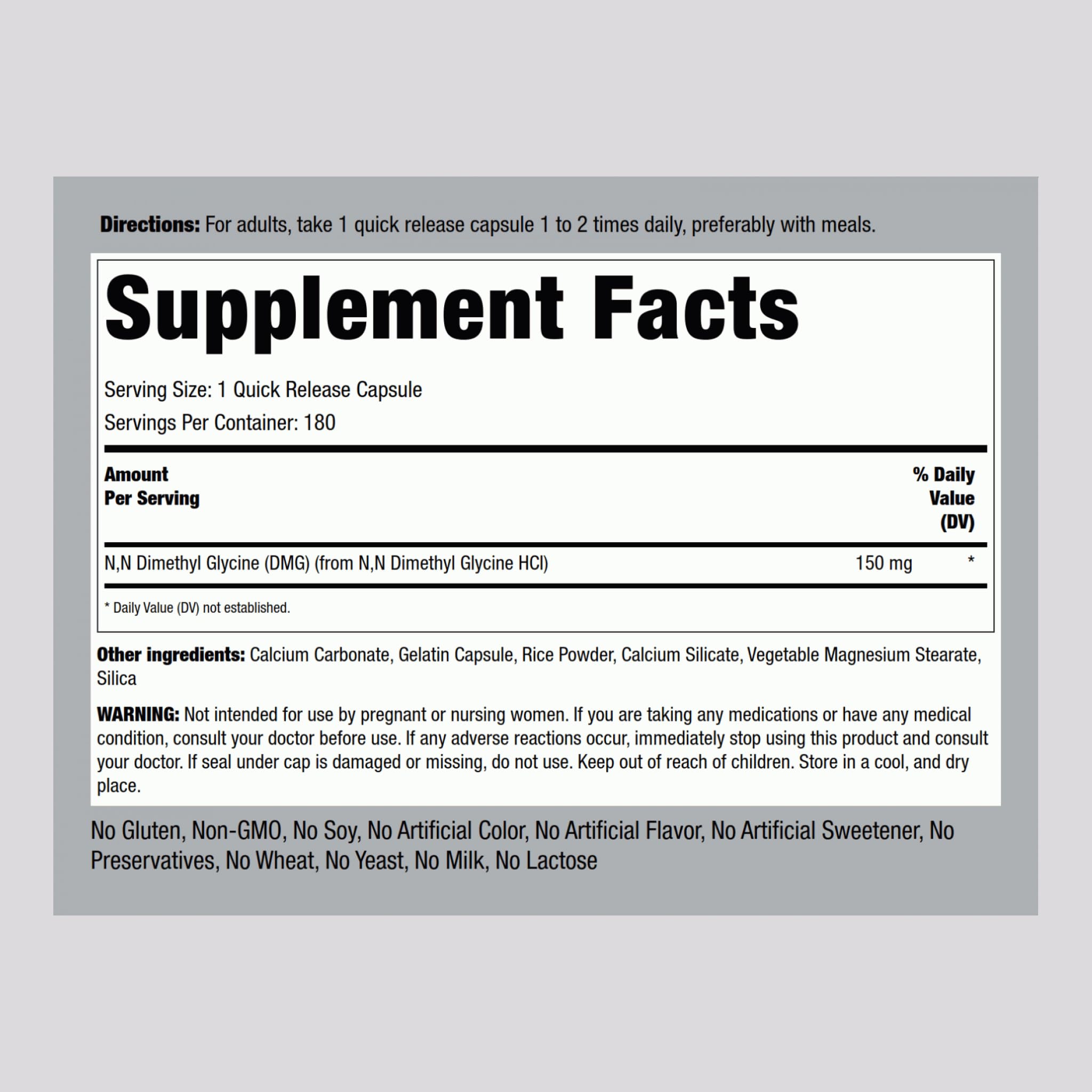 Close-up of DMG 150 mg label on bottle