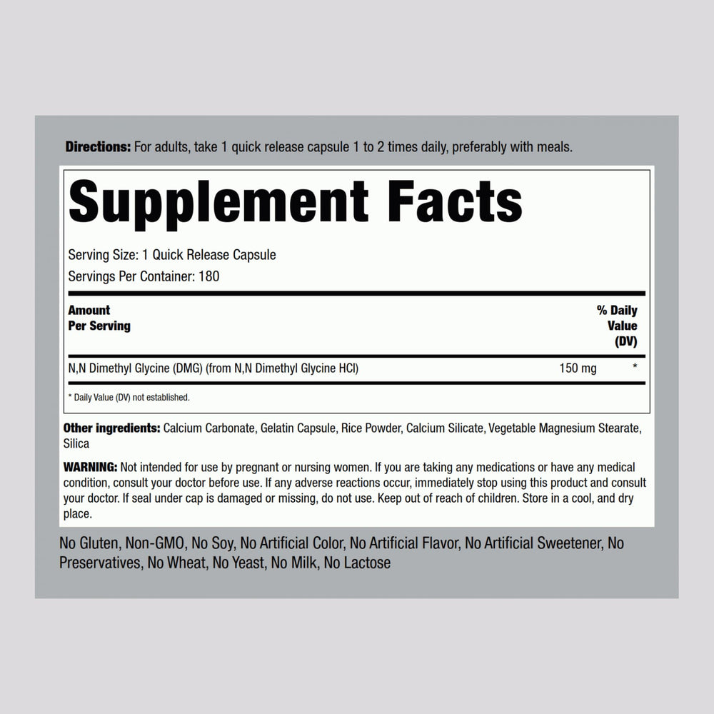 Close-up of DMG 150 mg label on bottle