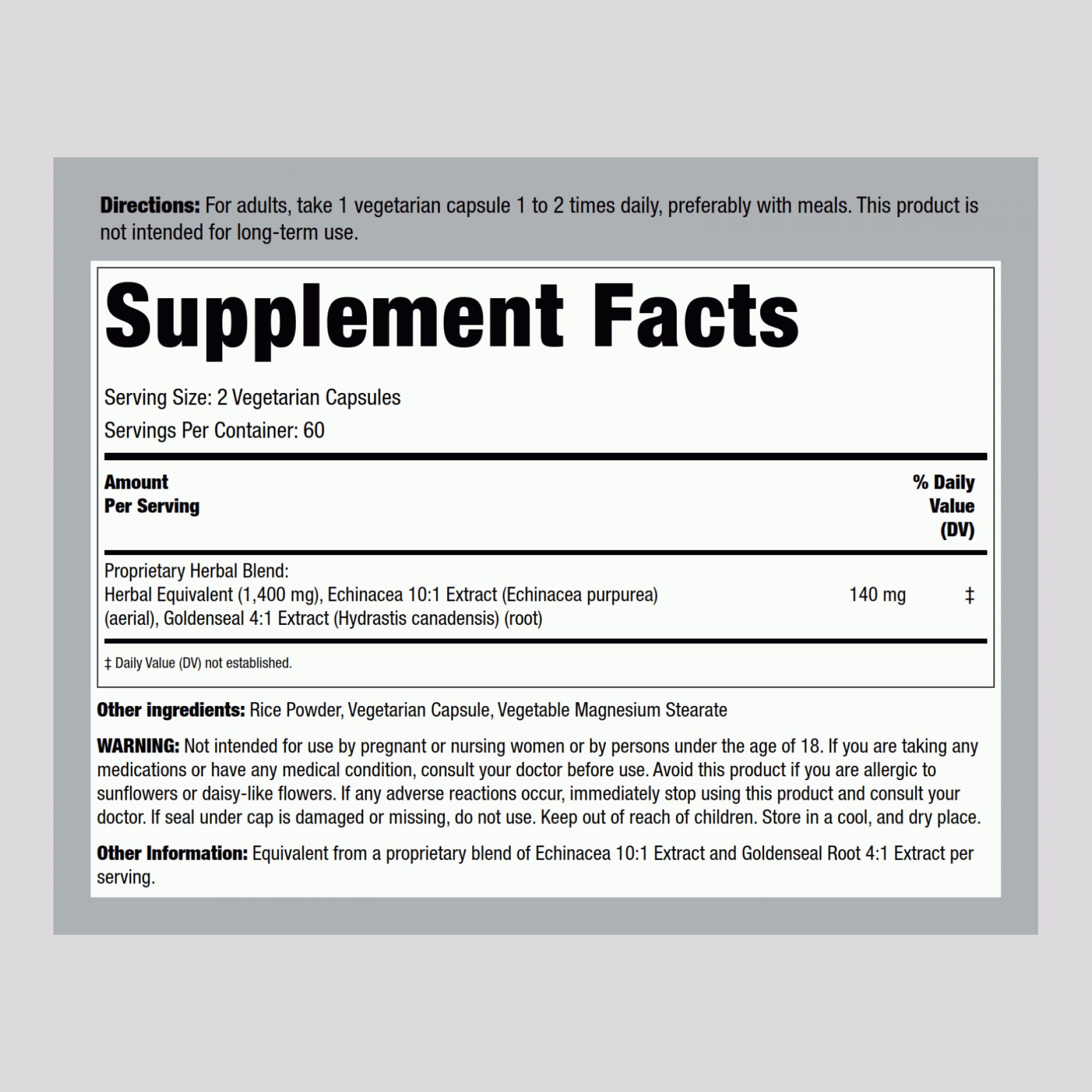 Packaging back with supplement facts for Piping Rock Echinacea Goldenseal